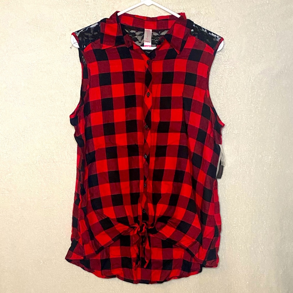 Red Plaid & Black Lace - Sleeveless, knot tie top
